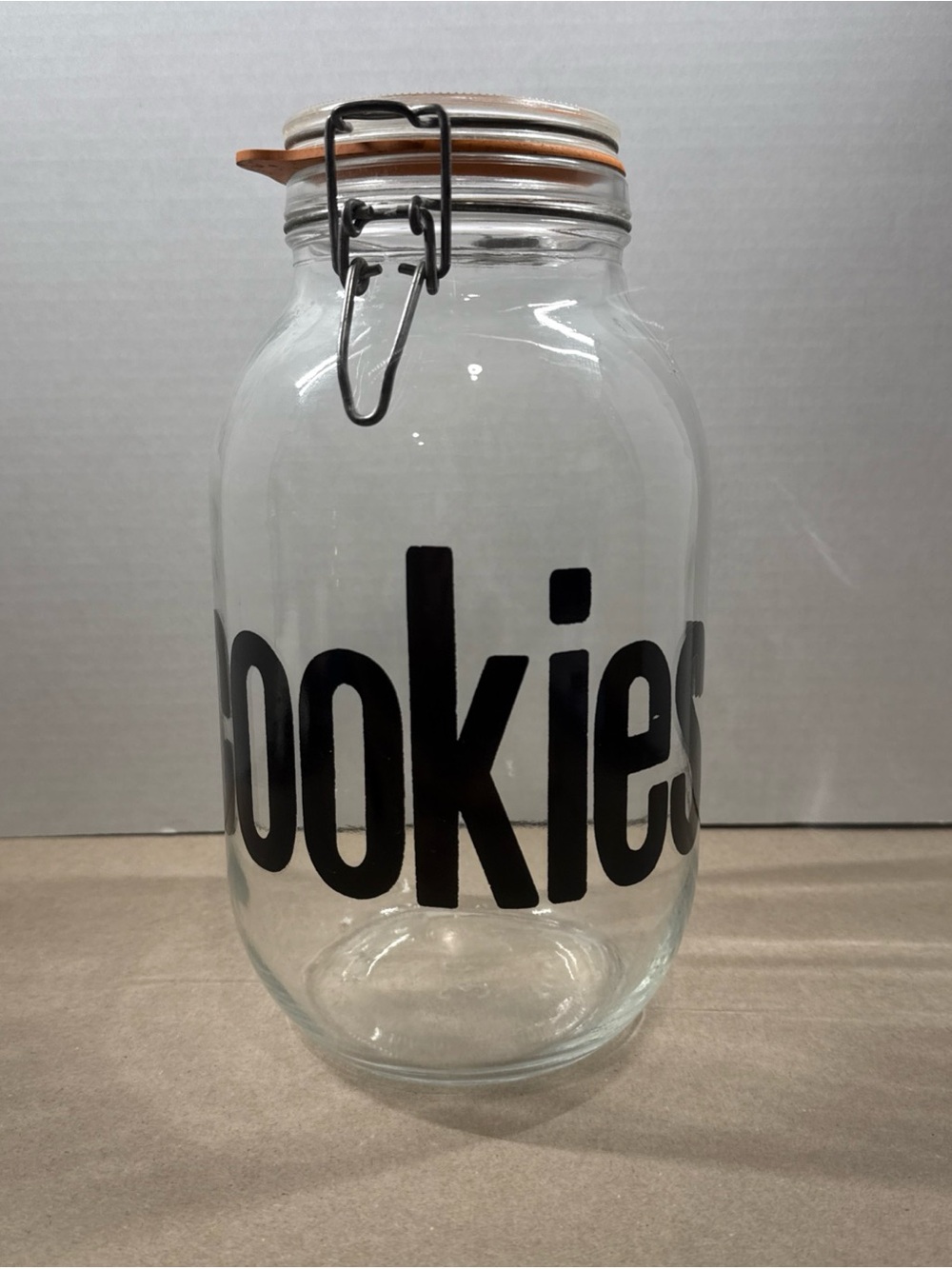 Vtg Retro Clear Glass Cookie Jar Bold Black Text Metal Clamp Hinged Lid Canister